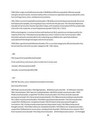 94
F38.0 Othersingle mood[affective] disordersF38.00Mixedaffective episodeAnaffective episode
lastingforat least2 weeks,characterizedbyeitheramixture ora rapidalternation(usuallywithinafew
hours) of hypomanic,manic,anddepressivesymptoms.
F38.1 Otherrecurrentmood[affective] disorders F38.10 Recurrentbrief depressive disorderRecurrent
brief depressive episodes,occurringaboutonce a monthoverthe past year.The individual depressive
episodesall lastlessthan2weeks(typically2-3days,withcomplete recovery) butfulfil the symptomatic
criteriaformild,moderate,orsevere depressiveepisode (F32.0,F32.1, F32.2).
Differential diagnosis.Incontrasttothose withdysthymia(F34.1),patientsare notdepressedforthe
majorityof the time.If the depressiveepisodesoccuronlyin relationtothe menstrual cycle,F38.8
shouldbe usedwitha secondcode forthe underlyingcause (N94.8,otherspecifiedconditions
associatedwithfemalegenitalorgansandmenstrual cycle).
F38.8 Otherspecifiedmood[affective] disordersThisisaresidual categoryforaffectivedisordersthat
do notmeetthe criteriafor anyothercategoriesF30 - F38.1 above.
-109-
F39 Unspecifiedmood[affective] disorder
To be usedonlyasa lastresort,whennootherterm can be used.
Includes:affective psychosisNOS
Excludes:mental disorderNOS(F99)
-110-
F40-F48 Neurotic,stress-relatedandsomatoformdisorders
Overviewof thisblock
F40 Phobicanxietydisorders F40.0Agoraphobia .00 Withoutpanicdisorder .01 Withpanic disorder
F40.1 Social phobias F40.2 Specific(isolated) phobias F40.8Otherphobicanxietydisorders F40.9
Phobicanxietydisorder,unspecified F41Otheranxietydisorders F41.0 Panicdisorder[episodic
paroxysmal anxiety] F41.1Generalizedanxiety disorder F41.2 Mixedanxietyanddepressivedisorder
F41.3 Othermixedanxietydisorders F41.8 Otherspecifiedanxietydisorders F41.9Anxietydisorder,
unspecified F42Obsessive-compulsive disorder F42.0 Predominantlyobsessional thoughtsor
ruminations F42.1 Predominantlycompulsive acts[obsessional rituals] F42.2 Mixedobsessional
thoughtsandacts F42.8 Otherobsessive-compulsive disorders F42.9 Obsessive-compulsivedisorder,
unspecified F43Reactionto severe stress,andadjustmentdisorders F43.0 Acute stressreaction F43.1
Post-traumaticstressdisorder F43.2 Adjustmentdisorders .20 Brief depressivereaction .21 Prolonged
 