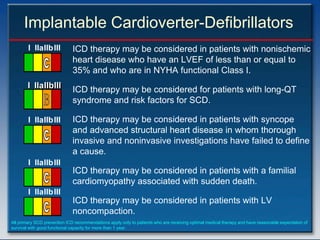 Implantable Cardioverter-Defibrillators
        I IIaIIbIII           ICD therapy may be considered in patients with nonischemic
                              heart disease who have an LVEF of less than or equal to
                              35% and who are in NYHA functional Class I.
        I IIa IIbIII
              IIbIII          ICD therapy may be considered for patients with long-QT
                              syndrome and risk factors for SCD.

        I IIaIIbIII           ICD therapy may be considered in patients with syncope
                              and advanced structural heart disease in whom thorough
                              invasive and noninvasive investigations have failed to define
                              a cause.
        I IIaIIbIII
                              ICD therapy may be considered in patients with a familial
                              cardiomyopathy associated with sudden death.
        I IIaIIbIII
                              ICD therapy may be considered in patients with LV
                              noncompaction.
All primary SCD prevention ICD recommendations apply only to patients who are receiving optimal medical therapy and have reasonable expectation of
survival with good functional capacity for more than 1 year.
 