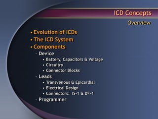ICD Concepts
                                           Overview
• Evolution of ICDs
• The ICD System
• Components
  – Device
     • Battery, Capacitors & Voltage
     • Circuitry
     • Connector Blocks
  – Leads
     • Transvenous & Epicardial
     • Electrical Design
     • Connectors: IS-1 & DF-1
  – Programmer
 