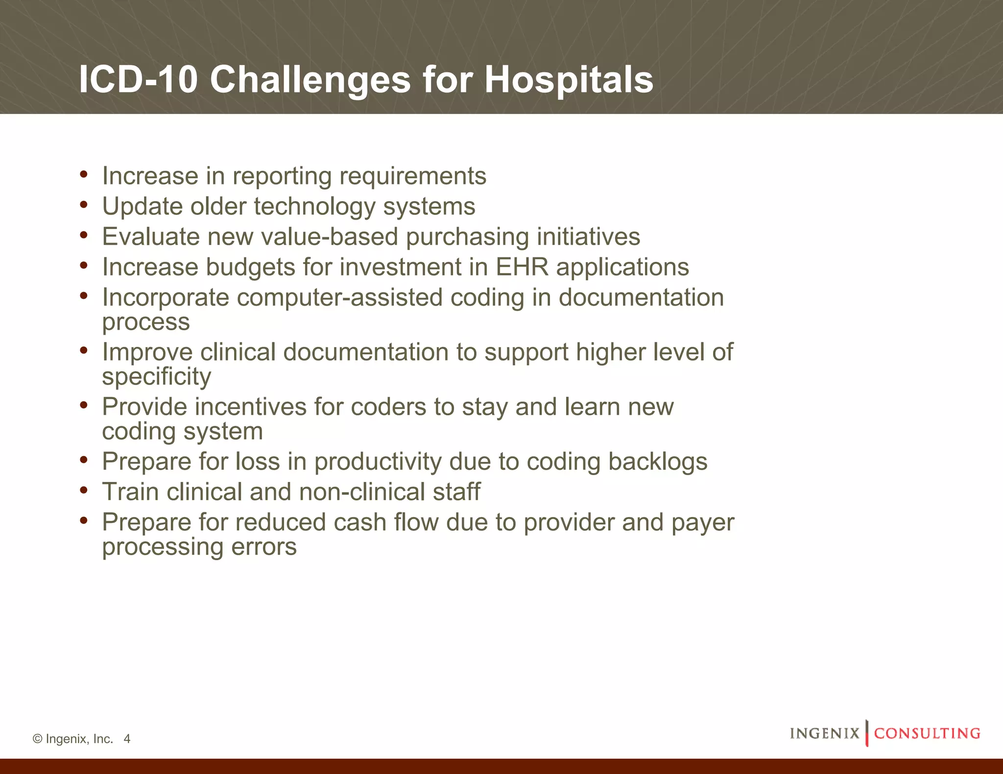 ICD-10 Challenges for Hospitals

       •   Increase in reporting requirements
       •   Update older technology systems
       •   Evaluate new value-based purchasing initiatives
       •   Increase budgets for investment in EHR applications
       •   Incorporate computer-assisted coding in documentation
           process
       •   Improve clinical documentation to support higher level of
           specificity
       •   Provide incentives for coders to stay and learn new
           coding system
       •   Prepare for loss in productivity due to coding backlogs
       •   Train clinical and non-clinical staff
       •   Prepare for reduced cash flow due to provider and payer
           processing errors




© Ingenix, Inc. 4
 