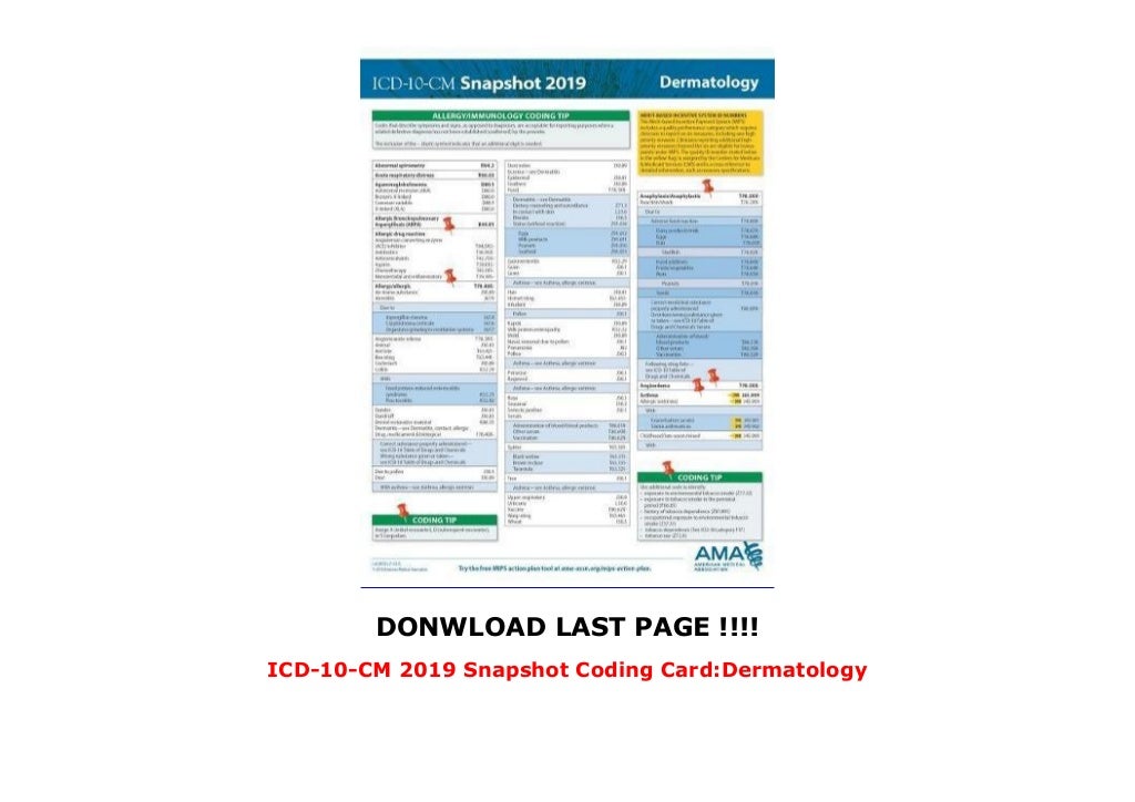 ICD10CM 2019 Snapshot Coding CardDermatology