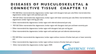 D I S E A S E S O F M U S C U L O S K E L E TA L &
C O N N E C T I V E T I S S U E C H A P T E R 1 3
• M51.360 Other intervertebral disc degeneration, lumbar region with discogenic back pain only Other intervertebral disc
degeneration, lumbar region with axial back pain only
• M51.361 Other intervertebral disc degeneration, lumbar region with lower extremity pain only Other intervertebral disc
degeneration, lumbar region with leg pain only
• Other intervertebral disc degeneration, lumbar region with referred sclerotomal pain only
• M51.362 Other intervertebral disc degeneration, lumbar region with discogenic back pain and lower extremity pain
• Other intervertebral disc degeneration, lumbar region with discogenic back pain and leg pain
• Other intervertebral disc degeneration, lumbar region with axial back pain and referred sclerotomal pain
• M51.369 Other intervertebral disc degeneration, lumbar region without mention of lumbar back pain or lower extremity
pain
• Other intervertebral disc degeneration, lumbar region without mention of lumbar back pain or leg pain
• Other intervertebral disc degeneration, lumbar region, NOS
 