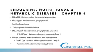 E N D O C R I N E , N U T R I T I O N A L &
M E TA B O L I C D I S E A S E S C H A P T E R 4
• E08 & E09 Diabetes mellitus due to underlying condition
• E10.A Type 1 diabetes mellitus, presymptomatic
• Additional descriptors:
• Early-stage type 1 diabetes mellitus
• E10.A0 Type 1 diabetes mellitus, presymptomatic, unspecified
• E10.A1 Type 1 diabetes mellitus, presymptomatic, Stage 1
• Multiple confirmed islet autoantibodies with normoglycemia
• E10.A2 Type 1 diabetes mellitus, presymptomatic, Stage 2
• Confirmed islet autoimmunity with dysglycemia
 