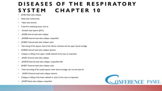 D I S E A S E S O F T H E R E S P I R AT O RY
S Y S T E M C H A P T E R 1 0
• J34.82 Nasal valve collapse
• Nasal valve compromise
• Nasal valve stenosis
• Code first underlying cause, such as:
• deviated nasal septum (J34.2)
• J34.820 Internal nasal valve collapse
• J34.8200 Internal nasal valve collapse, unspecified
• J34.8201 Internal nasal valve collapse, static
• Narrowing of the septum, head of the inferior turbinate and the upper lateral cartilage
• J34.8202 Internal nasal valve collapse, dynamic
• Collapse or falling of the upper, middle sidewall of the nose on inspiration
• J34.821 External nasal valve collapse
• J34.8210 External nasal valve collapse, unspecified Add
• J34.8211 External nasal valve collapse, static
• Fixed narrowing of the caudal septum, lower lateral cartilage, alar rim and nasal sill
• J34.8212 External nasal valve collapse, dynamic
• Collapse or falling of the lower sidewall or nostril of the nose on inspiration
• J34.829 Nasal valve collapse, unspecified
 