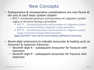 New Concepts
• Postoperative & intraoperative complications are now found at
the end of each body system chapter
o K91.7- ...