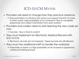 ICD-10-CM MYTHS
 Providers will need to change how they practice medicine
 Documentation is critical as the same must su...