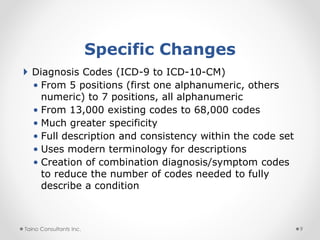 Specific Changes
 Diagnosis Codes (ICD-9 to ICD-10-CM)
• From 5 positions (first one alphanumeric, others
numeric) to 7 p...