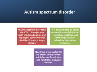 Autism spectrum disorder
Autism spectrum disorder in
the ICD-11 incorporates
both childhood autism and
Asperger’s syndrome from
the ICD-10 under a single
category
It is characterized by social
communication deficits and
restricted, repetitive and
infexible patterns of
behaviour, interests or
activities.
Qualifiers are provided for
the extent of impairment
in Intellectual functioning
and functional language
abilities.
 