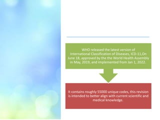 It contains roughly 55000 unique codes, this revision
is intended to better align with current scientific and
medical knowledge.
WHO released the latest version of
International Classification of Diseases, ICD-11,On
June 18, approved by the the World Health Assembly
in May, 2019, and implemented from Jan 1, 2022.
 