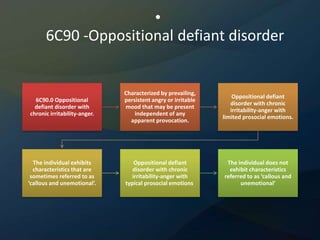 •
6C90 -Oppositional defiant disorder
6C90.0 Oppositional
defiant disorder with
chronic irritability-anger.
Characterized by prevailing,
persistent angry or irritable
mood that may be present
independent of any
apparent provocation.
Oppositional defiant
disorder with chronic
irritability-anger with
limited prosocial emotions.
The individual exhibits
characteristics that are
sometimes referred to as
‘callous and unemotional’.
Oppositional defiant
disorder with chronic
irritability-anger with
typical prosocial emotions
The individual does not
exhibit characteristics
referred to as ‘callous and
unemotional’
 