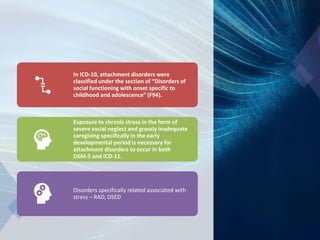In ICD-10, attachment disorders were
classified under the section of “Disorders of
social functioning with onset specific to
childhood and adolescence” (F94).
Exposure to chronic stress in the form of
severe social neglect and grossly inadequate
caregiving specifically in the early
developmental period is necessary for
attachment disorders to occur in both
DSM-5 and ICD-11.
Disorders specifically related associated with
stress – RAD, DSED
 