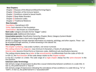 New Chapters:
Chapter 3 Diseases of the Blood and Blood forming Organs
Chapter 4 Disorders of the Immune System.
Chapter 5 Conditions related to Sexual Health.
Chapter 8 Sleep-Wake Disorders
Chapter 26 Extension codes
Chapter 27 Traditional Medicine
New Concepts:
Foundation: Everything in ICD
Entity: Each element in the foundation
Linearization: also known as a Classification
Stem code: Category (includes former ‘dagger’ codes)
Extension code: Additional information
Linearization parents: Classification hierarchy, Chapter, Block, Category Content Model
ICD-11 categories have a short and a long definition.
All ICD-11 categories include separate information on anatomy, aetiology, and other aspects. These can
be accessed through searches, or when browsing in the tabular list.
New Coding Scheme
The chapter numbering: now arabic numbers, not roman numerals
The coding scheme for categories: now minimum 4 characters, 2 levels of subcategories
Asterisk codes become Clinical forms or Extension codes. Additional sub-classifications become
The coding scheme always has a letter in the second position to differentiate from the codes of ICD–10.
In ICD–11, the first character of the code always relates to the chapter number.
It may be a number or a letter. The code range of a single chapter always has the same character in the
first position.
Extension codes Terminology
ICD-10 had a range of expressions to describe a causal relationship between conditions in a code title. In
ICD 11, the preferred term is “due to”.
ICD-10 had a range of expressions indicating the coincidence of two conditions in a code title (e.g. “in” or
“with”). In ICD-11, the preferred term is “associated with”
5
 