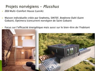 ZEB Multi-Comfort House (Larvik) 
Maison individuelle créée par Snøhetta, SINTEF, Brødrene Dahl (Saint Gobain), Optimera (concurrent norvégien de Saint Gobain) 
Focus sur l’efficacité énergétique mais aussi sur le bien-être de l’habitant 
 