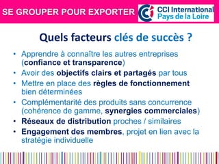 SE GROUPER POUR EXPORTER 
•Apprendre à connaître les autres entreprises (confiance et transparence) 
•Avoir des objectifs clairs et partagés par tous 
•Mettre en place des règles de fonctionnement bien déterminées 
•Complémentarité des produits sans concurrence (cohérence de gamme, synergies commerciales) 
•Réseaux de distribution proches / similaires 
•Engagement des membres, projet en lien avec la stratégie individuelle 
Quels facteurs clés de succès ?  