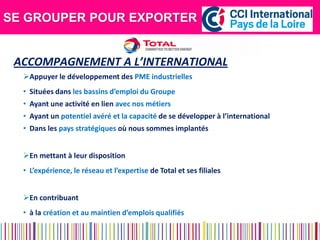 SE GROUPER POUR EXPORTER 
Appuyer le développement des PME industrielles 
•Situées dans les bassins d’emploi du Groupe 
•Ayant une activité en lien avec nos métiers 
•Ayant un potentiel avéré et la capacité de se développer à l’international 
•Dans les pays stratégiques où nous sommes implantés 
En mettant à leur disposition 
•L’expérience, le réseau et l’expertise de Total et ses filiales 
En contribuant 
•à la création et au maintien d’emplois qualifiés 
ACCOMPAGNEMENT A L’INTERNATIONAL 
 