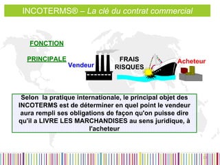 INCOTERMS® – La clé du contrat commercial 
Selon la pratique internationale, le principal objet des 
INCOTERMS est de déterminer en quel point le vendeur 
aura rempli ses obligations de façon qu'on puisse dire 
qu'il a LIVRE LES MARCHANDISES au sens juridique, à 
l'acheteur 
Vendeur 
FONCTION 
PRINCIPALE FRAIS Acheteur 
RISQUES 
13 
 