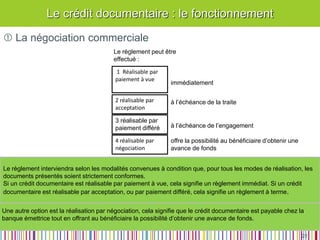 Une autre option est la réalisation par négociation, cela signifie que le crédit documentaire est payable chez la banque émettrice tout en offrant au bénéficiaire la possibilité d’obtenir une avance de fonds. 
1 Réalisable par paiement à vue 
2 réalisable par acceptation 
4 réalisable par négociation 
3 réalisable par paiement différé 
immédiatement 
à l’échéance de la traite 
Le règlement peut être effectué : 
à l’échéance de l’engagement 
offre la possibilité au bénéficiaire d’obtenir une avance de fonds 
Le règlement interviendra selon les modalités convenues à condition que, pour tous les modes de réalisation, les documents présentés soient strictement conformes. Si un crédit documentaire est réalisable par paiement à vue, cela signifie un règlement immédiat. Si un crédit documentaire est réalisable par acceptation, ou par paiement différé, cela signifie un règlement à terme. 
Le crédit documentaire : le fonctionnement 
21 
 La négociation commerciale  