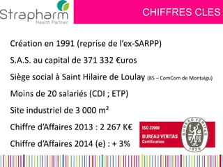 CHIFFRES CLES 
Création en 1991 (reprise de l’ex-SARPP) 
S.A.S. au capital de 371 332 €uros 
Siège social à Saint Hilaire de Loulay (85 – ComCom de Montaigu) 
Moins de 20 salariés (CDI ; ETP) 
Site industriel de 3 000 m² 
Chiffre d’Affaires 2013 : 2 267 K€ 
Chiffre d’Affaires 2014 (e) : + 3%  