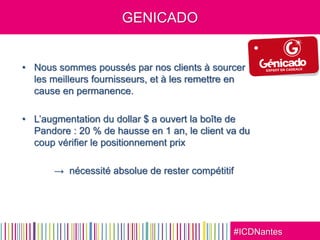 #ICDNantes
GENICADO
• Nous sommes poussés par nos clients à sourcer
les meilleurs fournisseurs, et à les remettre en
cause en permanence.
• L’augmentation du dollar $ a ouvert la boîte de
Pandore : 20 % de hausse en 1 an, le client va du
coup vérifier le positionnement prix
→ nécessité absolue de rester compétitif
 