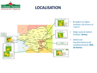• 6 vergers en région
nantaise, (96 hectares de
vergers).
• Siège social et station
fruitière: Vertou
• Ateliers de
transformation et de
conditionnement: MIN
de Nantes
LOCALISATION
 