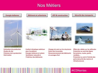 #ICDNantes
Nos Métiers
Energie éolienne Sécurité des transportsBâtiment et urbanisme BTP & construction
Estimation de production
Etudes de site
Prévision de la production
Petit éolien
Effets des rafales sur les véhicules
Protection au vent des lignes
ferroviaires, routes, ponts,
remblais…
Protection eu vent à l’entrée des
ports (sécurité des navires et
infrastructures)
Charges de vent sur les structures
Calcul des Eurocodes
Dimensionnement des bâtiments
et ouvrages d’art
Confort climatique extérieur
pour les piétons
Energies éolienne et solaire
Ventilation naturelle à
l’intérieur des bâtiments
 
