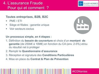 #ICDNantes
4. L’assurance Fraude
Pour qui et comment ?
Toutes entreprises, B2B, B2C
 PME / ETI
 Siège et filiales : garantie unique
 Voir secteurs exclus
Un processus simple, en 4 étapes :
1. Définition du besoin de couverture et choix d’un montant de
garantie (de 250k€ à 10M€) en fonction du CA (env. 2-5%) et/ou
du résultat net à protéger
2. Remplir le Questionnaire d’assurance
3. Réception et signature des Conditions Particulières
4. Mise en place du Contrat & Plan de Prévention
 