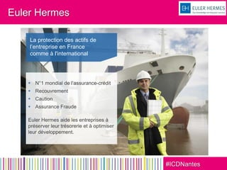 #ICDNantes
Euler Hermes
La protection des actifs de
l’entreprise en France
comme à l'international
 N°1 mondial de l’assurance-crédit
 Recouvrement
 Caution
 Assurance Fraude
Euler Hermes aide les entreprises à
préserver leur trésorerie et à optimiser
leur développement.
 