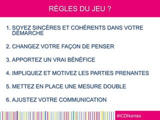 #ICDNantes
RÈGLES DU JEU ?
1. SOYEZ SINCÈRES ET COHÉRENTS DANS VOTRE
DÉMARCHE
2. CHANGEZ VOTRE FAÇON DE PENSER
3. APPORTEZ UN VRAI BÉNÉFICE
4. IMPLIQUEZ ET MOTIVEZ LES PARTIES PRENANTES
5. METTEZ EN PLACE UNE MESURE DOUBLE
6. AJUSTEZ VOTRE COMMUNICATION
 