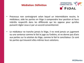 #ICDNantes
Médiation: Définition
• Processus non contraignant selon lequel un intermédiaire neutre, le
médiateur, aide les parties en litige à comprendre leur position et leurs
intérêts respectifs dans les différends qui les oppose pour qu’elles
puissent régler ceux-ci par un accord conventionnel.
• Le médiateur ne tranche jamais le litige, il ne rend jamais un jugement
ou une sentence comme le fait le juge ou l’arbitre, et ne donne pas d’avis
aux parties sur la solution du litige, comme le fait le conciliateur. Ce sont
les parties qui trouvent elles-mêmes leurs solutions.
 