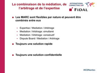#ICDNantes
La combinaison de la médiation, de
l’arbitrage et de l’expertise
 Les MARC sont flexibles par nature et peuvent être
combinés entre eux
 Expertise / Mediation / Arbitrage
 Mediation / Arbitrage: simultané
 Mediation / Arbitrage: consécutif
 Dispute Board / Mediation / Arbitrage
 Toujours une solution rapide
 Toujours une solution confidentielle
 