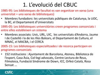 1. L’evolució del CBUC 
1985-95: Les biblioteques de facultat es van organitzar en xarxa (una universitat = una xarxa de biblioteques) 
•Membres fundadors: les universitats públiques de Catalunya, la UOC, la BC, el Departament d’Universitats 
1995-05: Les biblioteques universitàries creen programes consorciats i entre elles estableixen un sistema 
•Membres associats: Uvic, URL, UIC, les universitats d’Andorra, Jaume I de Castelló i la de les Illes Balears, el Departament de Cultura, el MNAC, el MACBA, i el CERCA 
2005-15: Les biblioteques especialitzades i de recerca participen en programes consorciats 
•152 institucions : Ajuntament de Barcelona, Ateneu, Biblioteca de l’esport, Casa Àsia, Col·legi advocats, Centre Lectura de Reus, Filmoteca, Fundació Síndrome de Down, ICC, Orfeó Català, Rosa Sensat ... 
3  