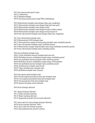08,5 lain penyesuaian posisi tutup
08,51 Canthotomy
08,52 Blepharorrhaphy
08,59 lain penyesuaian posisi tutup NOS canthoplasty
08,6 Rekonstruksi kelopak mata dengan flaps atau cangkokan
08,61 Rekonstruksi kelopak mata dengan flap kulit atau graft
08,62 Rekonstruksi kelopak mata dengan lendir
08,63 Rekonstruksi kelopak mata dengan korupsi folikel rambut
08,64 Rekonstruksi kelopak mata dengan tarsoconjuctival
08,69 lain rekonstruksi kelopak mata dengan flaps atau cangkokan
08,7 lain rekonstruksi kelopak mata
08,70 Rekonstruksi NOS kelopak mata
08,71 Reconctruction margin invloing tutup kelopak mata, ketebalan parsial
08,72 lain rekonstruksi kelopak mata, ketebalan parsial
08,73 Rekonstruksi margin tutup kelopak mata yang melibatkan ketebalan penuh
08,74 lain rekonstruksi kelopak mata, ketebalan penuh
08,8 lain perbaikan kelopak mata
08,81 Linear perbaikan laserasi kelopak mata atau alis
08,82 Perbaikan laserasi melibatkan margin tutup, ketebalan parsial
08,83 lain perbaikan laserasi kelopak mata, hickness parsial-
08,84 Perbaikan laserasi melibatkan margin tutup, full-ketebalan
08,85 lain perbaikan laserasi kelopak mata, ketebalan penuh
08,86 rhytidectomy kelopak mata bawah
08,87 Upper rhytidectomy kelopak mata
08,89 perbaikan kelopak mata Lainnya
08,9 lain operasi pada kelopak mata
08,91 Electrosugical pencukuran bulu dari kelopak mata
08,92 Cryosurgical pencukuran bulu dari kelopak mata
08,93 lain pencukuran bulu dari kelopak mata
08,99 operasi lain pada sistem lakrimal
09,0 Insisi kelenjar lakrimal
09,1 Biopsi kelenjar lakrimal
09,11 Biopsi kelenjar lakrimal
09,12 Biopsi kantung lakrimal
09,19 diagnostik prosedur lain di sistem lakrimal
09,2 eksisi dari lesi atau jaringan kelenjar lakrimal
09,20 eksisi kelenjar lakrimal, NOS
09,21 eksisi dari lesi kelenjar lactimal
09,22 dacryoadenectomy parsial Lainnya
 