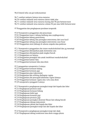 96,6 Enteral infus zat gizi terkonsentrasi
96,7 ventilasi mekanis lainnya terus-menerus
96,70 ventilasi mekanik terus-menerus durasi tidak jelas
96,71 ventilasi mekanik terus-menerus kurang dari 96 jam berturut-turut
96,72 ventilasi mekanik terus-menerus selama 96 jam atau lebih berturut-turut
97 Penggantian dan penghapusan peralatan terapeutik
97,0 Nonoperative penggantian alat pencernaan
97,01 Penggantian (naso-) tabung lambung atau esophagostomy
97.02 Penggantian tabung gastrostomy
97,03 Penggantian tabung atau perangkat enterostomy dari usus kecil
97,04 Penggantian tabung atau perangkat enterostomy usus besar
97.05 Penggantian stent (tabung) di saluran empedu atau pankreas
97,1 Nonoperative penggantian alat sistem muskuloskeletal dan yg menutupi
97,11 Penggantian dilemparkan pada ekstremitas atas
97,12 Penggantian dilemparkan pada tungkai bawah
97,13 Penggantian cor lainnya
97,14 Penggantian perangkat lain untuk imobilisasi muskuloskeletal
97,15 Penggantian kateter luka
97,16 Penggantian kemasan luka atau drain
97,2 penggantian nonoperative Lainnya
97,21 Penggantian kemasan hidung
97,22 Penggantian kemasan gigi
97,23 Penggantian pipa trakeostomi
97,24 Penggantian dan refitting diafragma vagina
97,25 Penggantian alat pencegah kehamilan vagina lainnya
97,26 Penggantian kemasan vagina atau vulva atau drain
97,29 nonoperative pengganti Lainnya
97,3 Nonoperative penghapusan perangkat terapi dari kepala dan leher
97,31 Penghapusan prostesis mata
97,32 Penghapusan kemasan hidung
97,33 Penghapusan kabel gigi
97,34 Penghapusan kemasan gigi
97,35 Penghapusan prostesis gigi
97,36 Penghapusan perangkat eksternal fiksasi lain rahang bawah
97,37 Penghapusan tabung trakeostomi
97,38 Penghapusan jahitan dari kepala dan leher
97,39 Penghapusan perangkat terapi lain dari kepala dan leher
97,4 Nonoperative penghapusan perangkat terapi dari dada
97,41 Penghapusan tabung torakotomi atau drain rongga pleura
 