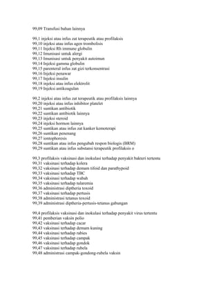 99,09 Transfusi bahan lainnya
99,1 injeksi atau infus zat terapeutik atau profilaksis
99,10 injeksi atau infus agen trombolisis
99,11 Injeksi Rh immune globulin
99,12 Imunisasi untuk alergi
99,13 Imunisasi untuk penyakit autoimun
99,14 Injeksi gamma globulin
99,15 parenteral infus zat gizi terkonsentrasi
99,16 Injeksi penawar
99,17 Injeksi insulin
99,18 injeksi atau infus elektrolit
99,19 Injeksi antikoagulan
99,2 injeksi atau infus zat terapeutik atau profilaksis lainnya
99,20 injeksi atau infus inhibitor platelet
99,21 suntikan antibiotik
99,22 suntikan antibiotik lainnya
99,23 injeksi steroid
99,24 injeksi hormon lainnya
99,25 suntikan atau infus zat kanker kemoterapi
99,26 suntikan penenang
99,27 iontophoresis
99,28 suntikan atau infus pengubah respon biologis (BRM)
99,29 suntikan atau infus substansi terapeutik profilaksis o
99,3 profilaksis vaksinasi dan inokulasi terhadap penyakit bakteri tertentu
99,31 vaksinasi terhadap kolera
99,32 vaksinasi terhadap demam tifoid dan parathypoid
99,33 vaksinasi terhadap TBC
99,34 vaksinasi terhadap wabah
99,35 vaksinasi terhadap tularemia
99,36 administrasi diptheria toxoid
99,37 vaksinasi terhadap pertusis
99,38 administrasi tetanus toxoid
99,39 administrasi diptheria-pertusis-tetanus gabungan
99,4 profilaksis vaksinasi dan inokulasi terhadap penyakit virus tertentu
99,41 pemberian vaksin polio
99,42 vaksinasi terhadap cacar
99,43 vaksinasi terhadap demam kuning
99,44 vaksinasi terhadap rabies
99,45 vaksinasi terhadap campak
99,46 vaksinasi terhadap gondok
99,47 vaksinasi terhadap rubela
99,48 administrasi campak-gondong-rubela vaksin
 