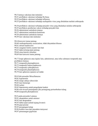 99,5 lainnya vaksinasi dan inokulasi
99,51 profilaksis vaksinasi terhadap flu biasa
99,52 profilaksis vaksinasi terhadap influenza
99,53 profilaksis vaksinasi terhadap enchepalitis virus yang ditularkan melalui arthropoda
99,54 profilaksis vaksinasi terhadap penyakit virus yang ditularkan melalui arthropoda
99,55 profilaksis pemberian vaksin terhadap penyakit lain
99,56 administrasi antitoksin tetanus
99,57 administrasi antitoksin botulisme
99,58 administrasi antitoksin lainnya
99,59 lain vaksinasi dan inokulasi
99.6 Konversi irama jantung
99,60 cardiopulmonary resusciation, tidak dinyatakan khusus
99,61 atrium kardioversi
99,62 sengatan listrik counter lain hati
99,63 dada tertutup pijat jantung
99,64 sinus karotis stimulasi
99,69 lain konversi irama jantung
99,7 Terapi apheresis atau injeksi lain, administrasi, atau infus substansi terapeutik atau
profilaksis lainnya
99,71 terapeutik plasmapheresis
99,72 terapeutik leukocytapheresis
99,73 terapeutik eythropheresis
99,74 terapeutik plateletpheresis
99,79 lain apheresis (panen) sel induk
99,8 fisik prosedur Miscellaneous
99,81 hypotermia
99,82 terapi cahaya ultraviolet
99,83 lain fototerapi
99,84 isolasi
99,85 hipertermia untuk pengobatan kanker
99,86 non-invasif penempatan jika perangsang pertumbuhan tulang
99,88 terapeutik photopheresis
99,9 aneka prosedur Lainnya
99,91 akupunktur untuk anestesi
99,92 lain akupunktur
99,93 dubur pijat (untuk kejang levator)
99,94 pijat prostat
99,95 peregangan kulup
99,96 koleksi susu dari payudara menyusui
99,97 pemasangan gigitiruan
 