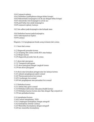 10.4 Conjunctivoplasty
10,41 Perbaikan symblepharon dengan bebas korupsi
10,42 Rekonstruksi konjungtiva-cul de sac-dengan bebas korupsi
10,43 rekonstruksi lain konjungtiva-cul de sac-
10,44 graft bebas lain untuk konjungtiva
10,49 conjunctivoplasty Lainnya
10,5 lisis adhesi pada konjungtiva dan kelopak mata
10,6 Perbaikan laserasi pada konjungtiva
10,91 Subconjunctival injeksi
10,99 Lainnya
Magnetic 11,0 penghapusan benda asing tertanam dari comea
11.1 Insisi dari comea
11.2 Diagnostik prosedur kornea
11.21 Scraping dari comea untuk BTA atau budaya
11,22 Biopsi kornea
11,29 diagnostik prosedur lain di comea
11.3 eksisi dari pterygium
11.31 Transposisi pterygium
11,32 eksisi pterygium dengan cangkok kornea
11,39 lain eksisi pterygium
11.4 eksisi atau kerusakan jaringan atau lesi lainnya kornea
11,41 mekanis penghapusan epitel comeal
11,42 Themocautenzation lesi comeal
11,43 Cryotherapy lesi comeal
11,49 lain penghapusan atau perusakan lesi comeal
11.5 Perbaikan kornea
11,51 Jahitan luka gores comeal
11,52 Perbaikan dehiscence luka pasca bedah kornea
11,53 Perbaikan laserasi kornea atau luka dengan flap conjuntival
11,59 lain perbaikan kornea
11.6 transplantasi kornea
11,60 Comeal transplantasi, NOS
11,61 Lempengan keratoplasty dengan autograft
11,62 keratoplasty lamelar Lainnya
11,63 Menembus keratoplasty dengan autograft
11,64 lain menembus keratoplasty
 