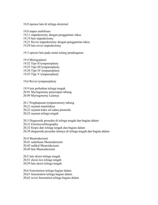 18,9 operasi lain di telinga eksternal
19,0 stapes mobilisasi
19,11 stapedectomy dengan penggantian inkus
19,19 lain stapedectomy
19,21 Revisi stapedectomy dengan penggantian inkus
19,29 lain revisi stapedectomy
19.3 operasi lain pada rantai tulang pendengaran
19.4 Miringoplasti
19,52 Tipe II tympanoplasty
19,53 Tipe III tympanoplasty
19,54 Tipe IV tympanoplasty
19,55 Tipe V tympanoplasty
19,6 Revisi tympanoplasty
19.9 lain perbaikan telinga tengah
20.01 Myringotomy penyisipan tabung
20.09 Myringotomy Lainnya
20.1 Penghapusan tympanostomy tabung
20,21 sayatan mastoideus
20,22 sayatan kaku sel udara piramida
20,23 sayatan telinga tengah
20.3 Diagnostik prosedur di telinga tengah dan bagian dalam
20,31 Electrocochleography
20,32 biopsi dari telinga tengah dan bagian dalam
20,39 diagnostik prosedur lainnya di telinga tengah dan bagian dalam
20.4 Mastoidectomi
20,41 sederhana Mastoidectomi
20,42 radikal Mastoidectomi
20,49 lain Mastoidectomi
20,5 lain eksisi telinga tengah
20,51 eksisi lesi telinga tengah
20,59 lain eksisi telinga tengah
20,6 Fenestration telinga bagian dalam
20,61 fenestration telinga bagian dalam
20,62 revisi fenestation telinga bagian dalam
 