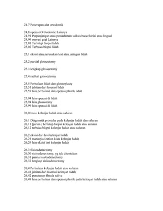 24.7 Penerapan alat ortodontik
24,8 operasi Orthodontic Lainnya
24,91 Perpanjangan atau pendalaman sulkus buccolabial atau lingual
24,99 operasi gigi Lainnya
25,01 Tertutup biopsi lidah
25,02 Terbuka biopsi lidah
25,1 eksisi atau perusakan lesi atau jaringan lidah
25,2 parsial glossectomy
25.3 lengkap glossectomy
25,4 radikal glossectomy
25,5 Perbaikan lidah dan glossoplasty
25,51 jahitan dari laserasi lidah
25,59 lain perbaikan dan operasi plastik lidah
25,94 lain operasi di lidah
25,94 lain glossotomy
25,99 lain operasi di lidah
26,0 Insisi kelenjar ludah atau saluran
26.1 Diagnostik prosedur pada kelenjar ludah dan saluran
26,11 [jarum] Tertutup biopsi kelenjar ludah atau saluran
26,12 terbuka biopsi kelenjar ludah atau saluran
26,2 eksisi dari lesi kelenjar ludah
26,21 marsupialization kista kelenjar ludah
26,29 lain eksisi lesi kelenjar ludah
26.3 Sialoadenectomy
26,30 sialoadenectomy, yg tak ditentukan
26,31 parsial sialoadenectomy
26,32 lengkap sialoadenectomy
26,4 Perbaikan kelenjar ludah atau saluran
26,41 jahitan dari laserasi kelenjar ludah
26,42 penutupan fistula saliva
26,49 lain perbaikan dan operasi plastik pada kelenjar ludah atau saluran
 