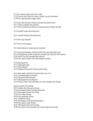 27,9 lain operasi pada mulut dan wajah
27,92 incison dari mulut ke mulut, struktur yg tak ditentukan
27,99 lain operasi pada rongga mulut
28,0 insisi dan drainase struktur amandel dan peritonsilar
28.11 biopsi amandel dan adenoid
28,19 lain amandel procedureson diagnostik dan kelenjar gondok
28,2 amandel tanpa adenoidectomy
28,3 amandel dengan adenoidectomy
28,4 eksisi tag amandel
28.5 eksisi tonsil lingual
28,6 adenoidectomy tanpa operasi amandel
28,7 kontrol perdarahan setelah tosillectomy dan adenoidectomy
28,91 penghapusan benda asing dari amandel dan adenoid oleh sayatan
28,92 eksisi lesi dari amandel dan adenoid
28,99 lain operasi pada tonsil dan kelenjar gondok
29,0 pharyngotomy
29.11 pharyngoscopy
29.12 faring biopsi
29,19 diagnostik prosedur lainnya pada faring
29.2 eksisi pada celah kista branchial atau sisa-sisa
29.31 cricopharyngeal myotomy
29,32 faring diverticulectomy
29.33 pharyngectomy (sebagian)
29.39 lainnya eksisi atau perusakan lesi atau jaringan dari faring
Operasi plastik 29,4 faring
29,51 jahitan dari luka gores faring
29,52 penutupan fistula sumbing branchial
29,53 penutupan fistula lain faring
29,54 lisis adhesi faring
29,59 lain perbaikan faring
29,91 pelebaran faring
29,92 pembagian saraf glossopharyngeal
29,99 lain operasi pada faring
30,01 Marsupialization kista laring
30,09 lain eksisi atau perusakan lesi atau jaringan atau laring
 