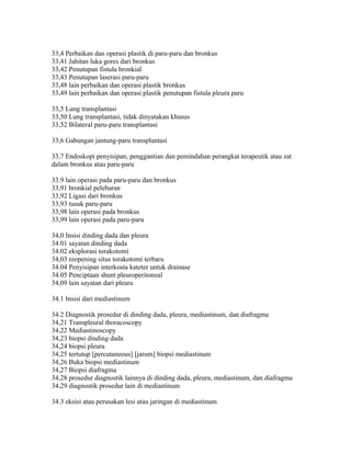 33,4 Perbaikan dan operasi plastik di paru-paru dan bronkus
33,41 Jahitan luka gores dari bronkus
33,42 Penutupan fistula bronkial
33,43 Penutupan laserasi paru-paru
33,48 lain perbaikan dan operasi plastik bronkus
33,49 lain perbaikan dan operasi plastik penutupan fistula pleura paru
33,5 Lung transplantasi
33,50 Lung transplantasi, tidak dinyatakan khusus
33,52 Bilateral paru-paru transplantasi
33,6 Gabungan jantung-paru transplantasi
33,7 Endoskopi penyisipan, penggantian dan pemindahan perangkat terapeutik atau zat
dalam bronkus atau paru-paru
33.9 lain operasi pada paru-paru dan bronkus
33,91 bronkial pelebaran
33,92 Ligasi dari bronkus
33,93 tusuk paru-paru
33,98 lain operasi pada bronkus
33,99 lain operasi pada paru-paru
34,0 Insisi dinding dada dan pleura
34.01 sayatan dinding dada
34.02 eksplorasi torakotomi
34,03 reopening situs torakotomi terbaru
34.04 Penyisipan interkosta kateter untuk drainase
34.05 Penciptaan shunt pleuroperitoneal
34,09 lain sayatan dari pleura
34.1 Insisi dari mediastinum
34.2 Diagnostik prosedur di dinding dada, pleura, mediastinum, dan diafragma
34,21 Transpleural thoracoscopy
34,22 Mediastinoscopy
34,23 biopsi dinding dada
34,24 biopsi pleura
34,25 tertutup [percutaneous] [jarum] biopsi mediastinum
34,26 Buka biopsi mediastinum
34,27 Biopsi diafragma
34,28 prosedur diagnostik lainnya di dinding dada, pleura, mediastinum, dan diafragma
34,29 diagnostik prosedur lain di mediastinum
34.3 eksisi atau perusakan lesi atau jaringan di mediastinum
 