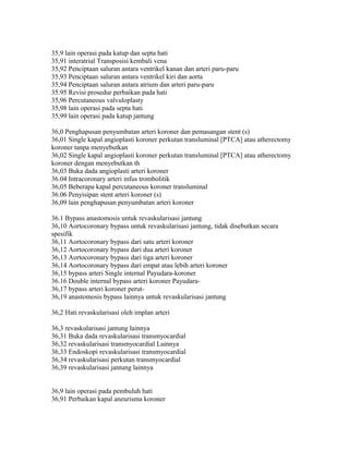 35,9 lain operasi pada katup dan septa hati
35,91 interatrial Transposisi kembali vena
35,92 Penciptaan saluran antara ventrikel kanan dan arteri paru-paru
35,93 Penciptaan saluran antara ventrikel kiri dan aorta
35,94 Penciptaan saluran antara atrium dan arteri paru-paru
35.95 Revisi prosedur perbaikan pada hati
35,96 Percutaneous valvuloplasty
35,98 lain operasi pada septa hati
35,99 lain operasi pada katup jantung
36,0 Penghapusan penyumbatan arteri koroner dan pemasangan stent (s)
36,01 Single kapal angioplasti koroner perkutan transluminal [PTCA] atau atherectomy
koroner tanpa menyebutkan
36,02 Single kapal angioplasti koroner perkutan transluminal [PTCA] atau atherectomy
koroner dengan menyebutkan th
36,03 Buka dada angioplasti arteri koroner
36.04 Intracoronary arteri infus trombolitik
36,05 Beberapa kapal percutaneous koroner transluminal
36.06 Penyisipan stent arteri koroner (s)
36,09 lain penghapusan penyumbatan arteri koroner
36.1 Bypass anastomosis untuk revaskularisasi jantung
36,10 Aortocoronary bypass untuk revaskularisasi jantung, tidak disebutkan secara
spesifik
36,11 Aortocoronary bypass dari satu arteri koroner
36,12 Aortocoronary bypass dari dua arteri koroner
36,13 Aortocoronary bypass dari tiga arteri koroner
36,14 Aortocoronary bypass dari empat atau lebih arteri koroner
36,15 bypass arteri Single internal Payudara-koroner
36.16 Double internal bypass arteri koroner Payudara-
36,17 bypass arteri koroner perut-
36,19 anastomosis bypass lainnya untuk revaskularisasi jantung
36,2 Hati revaskularisasi oleh implan arteri
36,3 revaskularisasi jantung lainnya
36,31 Buka dada revaskularisasi transmyocardial
36,32 revaskularisasi transmyocardial Lainnya
36,33 Endoskopi revaskularisasi transmyocardial
36,34 revaskularisasi perkutan transmyocardial
36,39 revaskularisasi jantung lainnya
36,9 lain operasi pada pembuluh hati
36,91 Perbaikan kapal aneurisma koroner
 