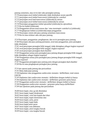jantung sementara, atau revisi dari saku perangkat jantung
37,70 penyisipan awal timbal [elektroda], tidak disebutkan secara spesifik
37,71 penyisipan awal timbal transvenous [elektroda] ke ventrikel
37,72 penyisipan awal lead transvenous [elektroda] ke atrium
37,73 penyisipan awal timbal transvenous [elektroda] ke atrium
37,74 Penyisipan penggantian timbal epicardial [elektroda] ke epicardium
37,75 Revisi timbal [elektroda]
37,76 Penggantian atrium transvenous dan / atau memimpin ventrikel (s) [elektroda]
37,77 Penghapusan timbal (s) [elektroda] tanpa penggantian
37,78 Penyisipan sistem alat pacu jantung sementara transvenous
37,79 Revisi atau relokasi saku alat pacu jantung
37,8 Penyisipan, penggantian, penghapusan, dan revisi perangkat pacu jantung
37,80 Penyisipan alat pacu jantung permanen, awal atau penggantian, jenis perangkat
tidak ditentukan
37,81 awal penyisipan perangkat bilik tunggal, tidak ditetapkan sebagai tingkat responsif
37,82 awal penyisipan perangkat bilik tunggal, tingkat responsif
37,83 awal penyisipan perangkat dual-chamber
37,85 Penggantian semua jenis perangkat pacu jantung dengan perangkat bilik tunggal,
tidak ditetapkan sebagai tingkat responsif
37,86 Penggantian semua jenis perangkat pacu jantung dengan perangkat bilik tunggal,
tingkat responsif
37,87 Penggantian perangkat pacu jantung jenis dengan perangkat dual-chamber
37,89 Revisi atau penghapusan perangkat pacu jantung
37,9 lain operasi pada jantung dan pericardium
37,91 Buka dada pijat jantung
37,94 Implantasi atau penggantian cardioverter otomatis / defibrillator, total sistem
[AICD]
37,95 Implantasi dari cardioverter otomatis / defibrilator dengan timbal (s) hanya
37,96 Implantasi dari cardioverter otomatis / defibrilator generator pulsa hanya
37,97 Penggantian cardioverter otomatis / defibrilator dengan timbal (s) hanya
37,98 Penggantian cardioverter otomatis / generator pulsa hanya defibrillator
37,99 lain oprations pada jantung dan pericardium
38,00 Insisi kapal, situs yg tak ditentukan
38.01 Insisi kapal, kapal intrakranial
38,02 Insisi kapal, vesel lain kepala dan leher
38.03 Insisi kapal, kapal ekstremitas atas
38,04 Insisi kapal, aorta, perut
38.05 Insisi kapal, kapal dada
38,06 Insisi kapal arteri perut
38,07 Insisi kapal vena abdomen
38.08 Insisi kapal, arteri tungkai bawah
38.09 Insisi kapal, vena tungkai bawah
 