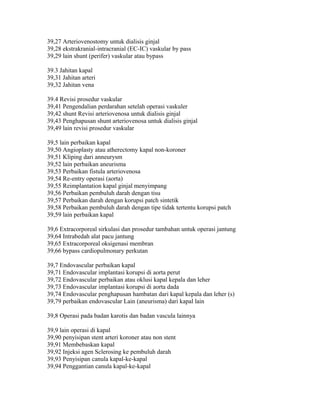 39,27 Arteriovenostomy untuk dialisis ginjal
39,28 ekstrakranial-intracranial (EC-IC) vaskular by pass
39,29 lain shunt (perifer) vaskular atau bypass
39.3 Jahitan kapal
39,31 Jahitan arteri
39,32 Jahitan vena
39.4 Revisi prosedur vaskular
39,41 Pengendalian perdarahan setelah operasi vaskuler
39,42 shunt Revisi arteriovenosa untuk dialisis ginjal
39,43 Penghapusan shunt arteriovenosa untuk dialisis ginjal
39,49 lain revisi prosedur vaskular
39,5 lain perbaikan kapal
39,50 Angioplasty atau atherectomy kapal non-koroner
39,51 Kliping dari anneurysm
39,52 lain perbaikan aneurisma
39,53 Perbaikan fistula arteriovenosa
39,54 Re-entry operasi (aorta)
39,55 Reimplantation kapal ginjal menyimpang
39,56 Perbaikan pembuluh darah dengan tisu
39,57 Perbaikan darah dengan korupsi patch sintetik
39,58 Perbaikan pembuluh darah dengan tipe tidak tertentu korupsi patch
39,59 lain perbaikan kapal
39,6 Extracorporeal sirkulasi dan prosedur tambahan untuk operasi jantung
39,64 Intrabedah alat pacu jantung
39,65 Extracorporeal oksigenasi membran
39,66 bypass cardiopulmonary perkutan
39,7 Endovascular perbaikan kapal
39,71 Endovascular implantasi korupsi di aorta perut
39,72 Endovascular perbaikan atau oklusi kapal kepala dan leher
39,73 Endovascular implantasi korupsi di aorta dada
39,74 Endovascular penghapusan hambatan dari kapal kepala dan leher (s)
39,79 perbaikan endovascular Lain (aneurisma) dari kapal lain
39,8 Operasi pada badan karotis dan badan vascula lainnya
39,9 lain operasi di kapal
39,90 penyisipan stent arteri koroner atau non stent
39,91 Membebaskan kapal
39,92 Injeksi agen Sclerosing ke pembuluh darah
39,93 Penyisipan canula kapal-ke-kapal
39,94 Penggantian canula kapal-ke-kapal
 