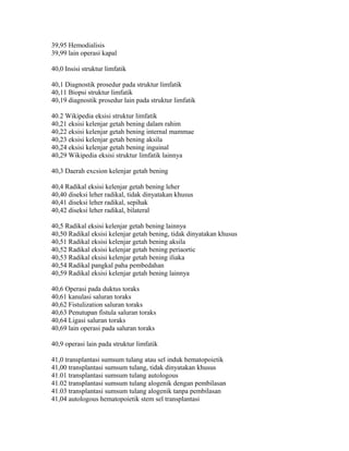 39,95 Hemodialisis
39,99 lain operasi kapal
40,0 Insisi struktur limfatik
40,1 Diagnostik prosedur pada struktur limfatik
40,11 Biopsi struktur limfatik
40,19 diagnostik prosedur lain pada struktur limfatik
40.2 Wikipedia eksisi struktur limfatik
40,21 eksisi kelenjar getah bening dalam rahim
40,22 eksisi kelenjar getah bening internal mammae
40,23 eksisi kelenjar getah bening aksila
40,24 eksisi kelenjar getah bening inguinal
40,29 Wikipedia eksisi struktur limfatik lainnya
40,3 Daerah excsion kelenjar getah bening
40,4 Radikal eksisi kelenjar getah bening leher
40,40 diseksi leher radikal, tidak dinyatakan khusus
40,41 diseksi leher radikal, sepihak
40,42 diseksi leher radikal, bilateral
40,5 Radikal eksisi kelenjar getah bening lainnya
40,50 Radikal eksisi kelenjar getah bening, tidak dinyatakan khusus
40,51 Radikal eksisi kelenjar getah bening aksila
40,52 Radikal eksisi kelenjar getah bening periaortic
40,53 Radikal eksisi kelenjar getah bening iliaka
40,54 Radikal pangkal paha pembedahan
40,59 Radikal eksisi kelenjar getah bening lainnya
40,6 Operasi pada duktus toraks
40,61 kanulasi saluran toraks
40,62 Fistulization saluran toraks
40,63 Penutupan fistula saluran toraks
40,64 Ligasi saluran toraks
40,69 lain operasi pada saluran toraks
40,9 operasi lain pada struktur limfatik
41,0 transplantasi sumsum tulang atau sel induk hematopoietik
41,00 transplantasi sumsum tulang, tidak dinyatakan khusus
41.01 transplantasi sumsum tulang autologous
41.02 transplantasi sumsum tulang alogenik dengan pembilasan
41.03 transplantasi sumsum tulang alogenik tanpa pembilasan
41,04 autologous hematopoietik stem sel transplantasi
 