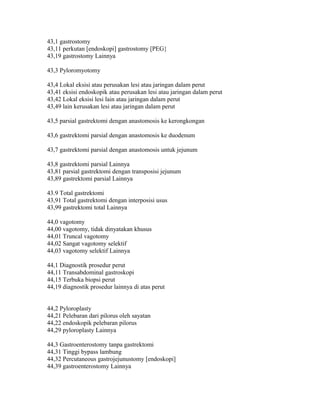 43,1 gastrostomy
43,11 perkutan [endoskopi] gastrostomy [PEG}
43,19 gastrostomy Lainnya
43,3 Pyloromyotomy
43,4 Lokal eksisi atau perusakan lesi atau jaringan dalam perut
43,41 eksisi endoskopik atau perusakan lesi atau jaringan dalam perut
43,42 Lokal eksisi lesi lain atau jaringan dalam perut
43,49 lain kerusakan lesi atau jaringan dalam perut
43,5 parsial gastrektomi dengan anastomosis ke kerongkongan
43,6 gastrektomi parsial dengan anastomosis ke duodenum
43,7 gastrektomi parsial dengan anastomosis untuk jejunum
43,8 gastrektomi parsial Lainnya
43,81 parsial gastrektomi dengan transposisi jejunum
43,89 gastrektomi parsial Lainnya
43.9 Total gastrektomi
43,91 Total gastrektomi dengan interposisi usus
43,99 gastrektomi total Lainnya
44,0 vagotomy
44,00 vagotomy, tidak dinyatakan khusus
44,01 Truncal vagotomy
44,02 Sangat vagotomy selektif
44,03 vagotomy selektif Lainnya
44,1 Diagnostik prosedur perut
44,11 Transabdominal gastroskopi
44,15 Terbuka biopsi perut
44,19 diagnostik prosedur lainnya di atas perut
44,2 Pyloroplasty
44,21 Pelebaran dari pilorus oleh sayatan
44,22 endoskopik pelebaran pilorus
44,29 pyloroplasty Lainnya
44,3 Gastroenterostomy tanpa gastrektomi
44,31 Tinggi bypass lambung
44,32 Percutaneous gastrojejunustomy [endoskopi]
44,39 gastroenterostomy Lainnya
 