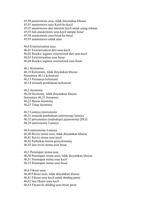 45,90 anastomosis usus, tidak dinyatakan khusus
45,91 anastomosis usus Kecil-ke-kecil
45,92 anastomosis dari intensite kecil untuk ujung rektum
45,93 lain anastomosis usus kecil sampai besar
45,94 anastomosis usus besar-ke-besar
45,95 anastomosis untuk anus
46,0 Exteriorization usus
46.01 Exteriorization dari usus kecil
46,02 Reseksi segmen exteriorized dari usus kecil
46,03 Exteriorization usus besar
46,04 Reseksi segmen exteriorized usus besar
46,1 Kolostomi
46,10 Kolostomi, tidak dinyatakan khusus
Sementara 46,11 kolostomi
46,13 Permanen kolostomi
46,14 tertunda pembukaan kolostomi
46,2 ileostomy
46,20 ileostomy, tidak dinyatakan khusus
Sementara 46,21 ileostomy
46,22 Benua ileostomy
46,23 Tetap ileostomy
46.3 Lainnya enterostomy
46,31 tertunda pembukaan enteroscopy lainnya
46,32 percutaneos (endoskopi) jejunostomy [PEJ]
46,39 enterostomy Lainnya
46,4 enterostomy Lainnya
46,40 Revisi stoma usus, tidak dinyatakan khusus
46,41 Revisi stoma usus kecil
46,42 Perbaikan hernia pericolostomy
46,43 lain revisi stoma usus besar
46,5 Penutupan stoma usus
46,50 Penutupan stoma usus, tidak dinyatakan khusus
46,51 Penutupan stoma usus kecil
46.52 Penutupan stoma usus besar
46,6 Fiksasi usus
46,60 Fiksasi usus, tidak dinyatakan khusus
46,61 Fiksasi usus kecil untuk dinding perut
46,62 lain fiksasi usus kecil
46,63 Fiksasi ke dinding usus besar perut
 