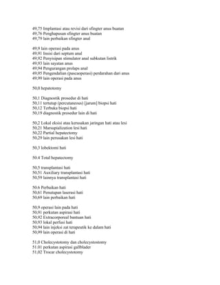 49,75 Implantasi atau revisi dari sfingter anus buatan
49,76 Penghapusan sfingter anus buatan
49,79 lain perbaikan sfingter anal
49,9 lain operasi pada anus
49,91 Insisi dari septum anal
49,92 Penyisipan stimulator anal subkutan listrik
49,93 lain sayatan anus
49,94 Pengurangan prolaps anal
49,95 Pengendalian (pascaoperasi) perdarahan dari anus
49,99 lain operasi pada anus
50,0 hepatotomy
50,1 Diagnostik prosedur di hati
50,11 tertutup (percutaneous) [jarum] biopsi hati
50,12 Terbuka biopsi hati
50,19 diagnostik prosedur lain di hati
50,2 Lokal eksisi atau kerusakan jaringan hati atau lesi
50,21 Marsupialization lesi hati
50,22 Partial hepatectomy
50,29 lain perusakan lesi hati
50,3 lobektomi hati
50.4 Total hepatectomy
50,5 transplantasi hati
50,51 Auxiliary transplantasi hati
50,59 lainnya transplantasi hati
50.6 Perbaikan hati
50,61 Penutupan laserasi hati
50,69 lain perbaikan hati
50,9 operasi lain pada hati
50,91 perkutan aspirasi hati
50,92 Extracorporeal bantuan hati
50,93 lokal perfusi hati
50,94 lain injeksi zat terapeutik ke dalam hati
50,99 lain operasi di hati
51,0 Cholecystotomy dan cholecystostomy
51.01 perkutan aspirasi gallblader
51,02 Trocar cholecystotomy
 
