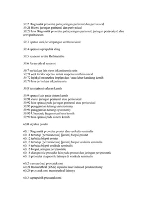 59.2 Diagnostik prosedur pada jaringan perirenal dan perivesical
59,21 Biopsi jaringan perirenal dan perivesical
59,29 lain Diagnostik prosedur pada jaringan perirenal, jaringan perivesical, dan
retroperitoneum
59,3 lipatan dari persimpangan urethrovesical
59.4 operasi suprapubik sling
59,5 suspensi uretra Rethropubic
59,6 Paraurethral suspensi
59,7 perbaikan lain stres inkontinensia urin
59,71 otot levator operasi untuk suspensi urethrovesical
59,72 Injeksi intourethra implan dan / atau leher kandung kemih
59,79 lain perbaikan inkontinensia
59,8 kateterisasi saluran kemih
59,9 operasi lain pada sistem kemih
59,91 eksisi jaringan perirenal atau perivesical
59,92 lain operasi pada jaringan perirenal atau perivesical
59,93 penggantian tabung ureterostomy
59,94 penggantian tabung cystostomy
59,95 Ultrasonic fragmentasi batu kemih
59,99 lain operasi pada sistem kemih
60,0 sayatan prostat
60,1 Diagnostik prosedur prostat dan vesikula seminalis
60,11 tertutup [percutaneous] [jarum] biopsi prostat
60,12 terbuka biopsi prostat
60,13 tertutup [percutaneous] [jarum] biopsi vesikula seminalis
60,14 terbuka biopsi vesikula seminalis
60,15 biopsi jaringan periprostatic
60,18 diangnostic prosedur lain pada prostat dan jaringan periprostatic
60,19 prosedur diagnostik lainnya di vesikula seminalis
60,2 transurethral prostatektomi
60,21 transurethral (USG) dipandu laser induced prostatectomy
60,29 prostatektomi transurethral lainnya
60,3 suprapubik prostatektomi
 