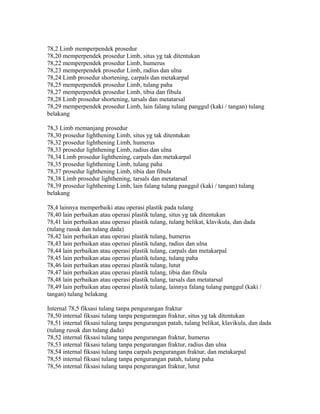 78,2 Limb memperpendek prosedur
78,20 memperpendek prosedur Limb, situs yg tak ditentukan
78,22 memperpendek prosedur Limb, humerus
78,23 memperpendek prosedur Limb, radius dan ulna
78,24 Limb prosedur shortening, carpals dan metakarpal
78,25 memperpendek prosedur Limb, tulang paha
78,27 memperpendek prosedur Limb, tibia dan fibula
78,28 Limb prosedur shortening, tarsals dan metatarsal
78,29 memperpendek prosedur Limb, lain falang tulang panggul (kaki / tangan) tulang
belakang
78,3 Limb memanjang prosedur
78,30 prosedur lighthening Limb, situs yg tak ditentukan
78,32 prosedur lighthening Limb, humerus
78,33 prosedur lighthening Limb, radius dan ulna
78,34 Limb prosedur lighthening, carpals dan metakarpal
78,35 prosedur lighthening Limb, tulang paha
78,37 prosedur lighthening Limb, tibia dan fibula
78,38 Limb prosedur lighthening, tarsals dan metatarsal
78,39 prosedur lighthening Limb, lain falang tulang panggul (kaki / tangan) tulang
belakang
78,4 lainnya memperbaiki atau operasi plastik pada tulang
78,40 lain perbaikan atau operasi plastik tulang, situs yg tak ditentukan
78,41 lain perbaikan atau operasi plastik tulang, tulang belikat, klavikula, dan dada
(tulang rusuk dan tulang dada)
78,42 lain perbaikan atau operasi plastik tulang, humerus
78,43 lain perbaikan atau operasi plastik tulang, radius dan ulna
78,44 lain perbaikan atau operasi plastik tulang, carpals dan metakarpal
78,45 lain perbaikan atau operasi plastik tulang, tulang paha
78,46 lain perbaikan atau operasi plastik tulang, lutut
78,47 lain perbaikan atau operasi plastik tulang, tibia dan fibula
78,48 lain perbaikan atau operasi plastik tulang, tarsals dan metatarsal
78,49 lain perbaikan atau operasi plastik tulang, lainnya falang tulang panggul (kaki /
tangan) tulang belakang
Internal 78,5 fiksasi tulang tanpa pengurangan fraktur
78,50 internal fiksasi tulang tanpa pengurangan fraktur, situs yg tak ditentukan
78,51 internal fiksasi tulang tanpa pengurangan patah, tulang belikat, klavikula, dan dada
(tulang rusuk dan tulang dada)
78,52 internal fiksasi tulang tanpa pengurangan fraktur, humerus
78,53 internal fiksasi tulang tanpa pengurangan fraktur, radius dan ulna
78,54 internal fiksasi tulang tanpa carpals pengurangan fraktur, dan metakarpal
78,55 internal fiksasi tulang tanpa pengurangan patah, tulang paha
78,56 internal fiksasi tulang tanpa pengurangan fraktur, lutut
 