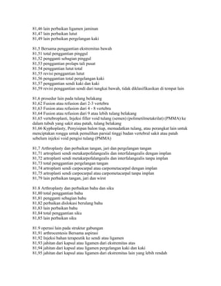 81,46 lain perbaikan ligamen jaminan
81,47 lain perbaikan lutut
81,49 lain perbaikan pergelangan kaki
81,5 Bersama penggantian ekstremitas bawah
81,51 total penggantian pinggul
81,52 pengganti sebagian pinggul
81,53 penggantian prolaps tali pusat
81.54 penggantian lutut total
81,55 revisi penggantian lutut
81,56 penggantian total pergelangan kaki
81,57 penggantian sendi kaki dan kaki
81,59 revisi penggantian sendi dari tungkai bawah, tidak diklasifikasikan di tempat lain
81,6 prosedur lain pada tulang belakang
81,62 Fusion atau refusion dari 2-3 vertebra
81,63 Fusion atau refusion dari 4 - 8 vertebra
81,64 Fusion atau refusion dari 9 atau lebih tulang belakang
81,65 vertebroplasti, Injeksi filler void tulang (semen) (polimetilmetakrilat) (PMMA) ke
dalam tubuh yang sakit atau patah, tulang belakang
81,66 Kyphoplasty, Penyisipan balon tiup, memadatkan tulang, atau perangkat lain untuk
menciptakan rongga untuk pemulihan parsial tinggi badan vertebral sakit atau patah
sebelum injeksi void pengisi tulang (PMMA)
81,7 Arthroplasty dan perbaikan tangan, jari dan pergelangan tangan
81,71 artroplasti sendi metakarpofalangealis dan interfalangealis dengan implan
81,72 artroplasti sendi metakarpofalangealis dan interfalangealis tanpa implan
81,73 total penggantian pergelangan tangan
81,74 artroplasti sendi carpocarpal atau carpometacarpal dengan implan
81,75 artroplasti sendi carpocarpal atau carpometacarpal tanpa implan
81,79 lain perbaikan tangan, jari dan wirst
81.8 Arthroplasty dan perbaikan bahu dan siku
81,80 total penggantian bahu
81,81 pengganti sebagian bahu
81,82 perbaikan dislokasi berulang bahu
81,83 lain perbaikan bahu
81,84 total penggantian siku
81,85 lain perbaikan siku
81.9 operasi lain pada struktur gabungan
81,91 arthrocentesis Bersama aspirasi
81,92 Injeksi bahan terapeutik ke sendi atau ligamen
81,93 jahitan dari kapsul atau ligamen dari ekstremitas atas
81,94 jahitan dari kapsul atau ligamen pergelangan kaki dan kaki
81,95 jahitan dari kapsul atau ligamen dari ekstremitas lain yang lebih rendah
 